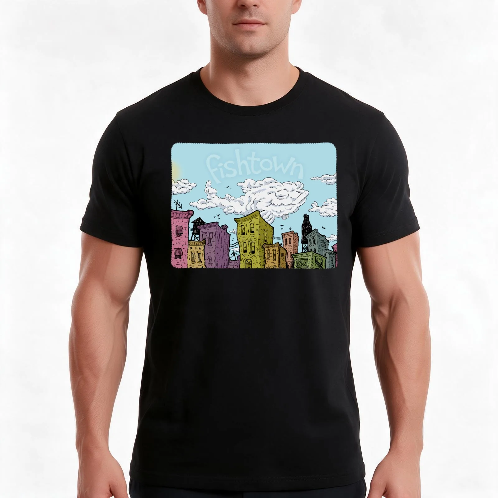 Fishtown Afternoon T-Shirt, Summer Casual Cotton Tee, Oversized Streetwear Tops, Vintage Graphic Print, Loose Fit Short Sleeve