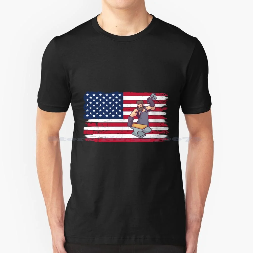 Blacksmith Us Flag Patriotic T Shirt 100% Cotton Tee Blacksmith Metalworker Anvil