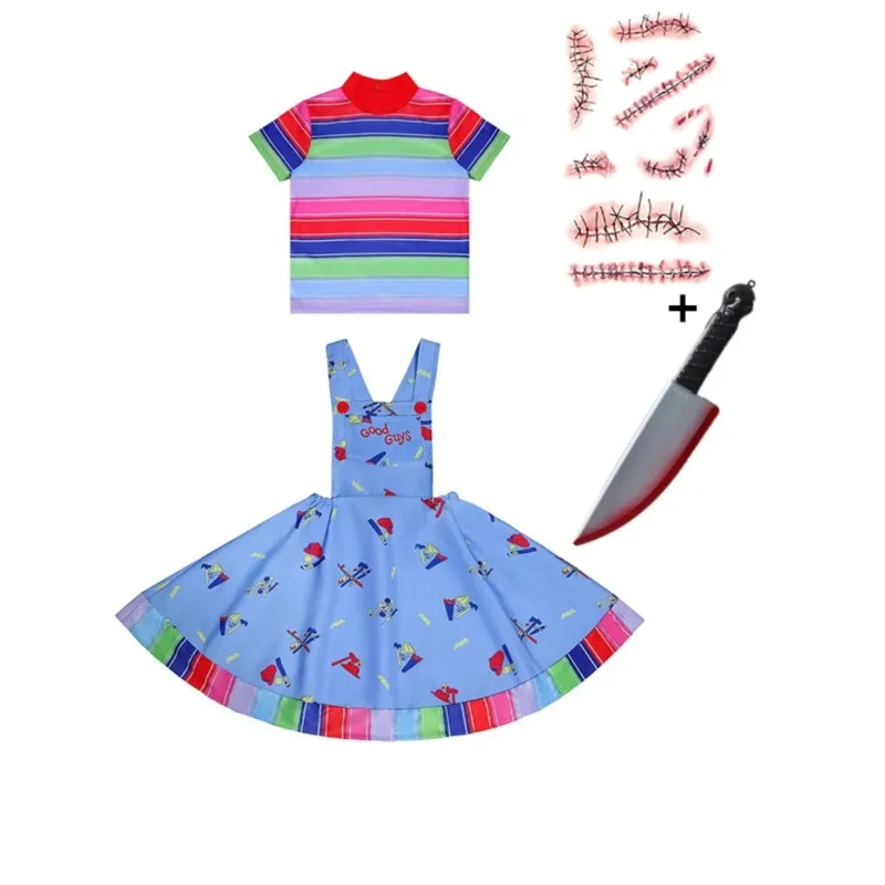 Disfraz de Chucky para niños, muñeca fantasma aterradora, conjunto completo de cuchillo de plástico, disfraces de terror de Halloween, vestido de fiesta de pesadilla para niña