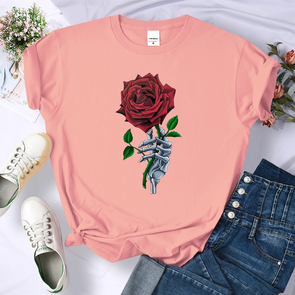 Skeleton Hand Red Rose Flower Print Womens T Shirt Street Creativity Tshirt Summer Breathable Tee Shirtharajuku O-Neck T-Shirts