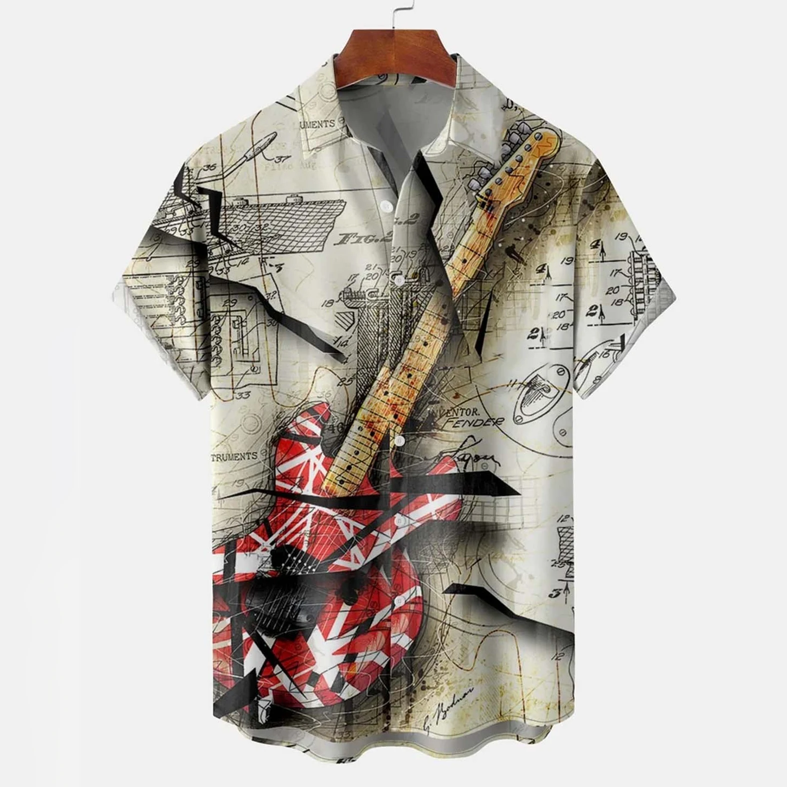 Oversized Loose Casual Shirt Summer New Guitar 3d Print Lapels Short Sleeve Men's Shirt Daily Clothing Rock Blouses