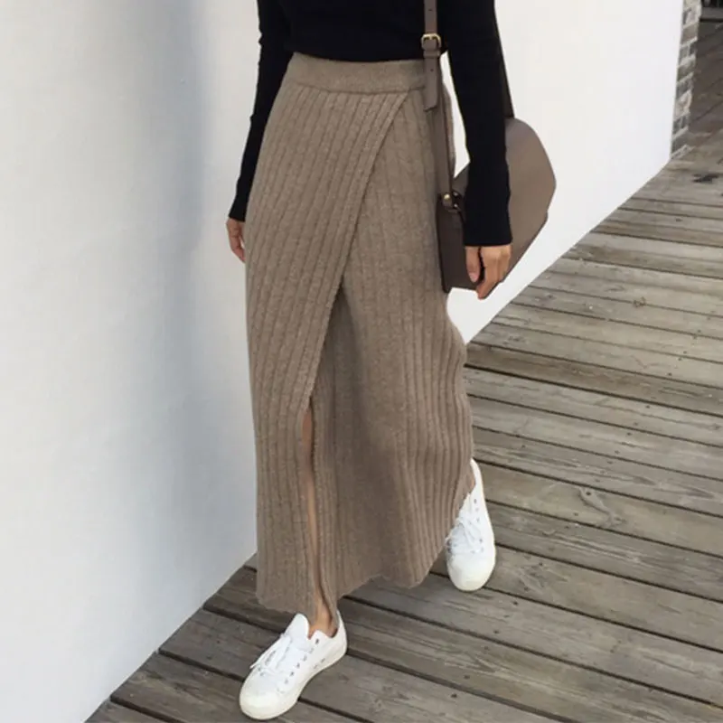 

ZHISILAO Fashion Knit Straight Skirt Women Autumn Winter Skirt 2024 Vintage High Waist Khaki Long Skirts