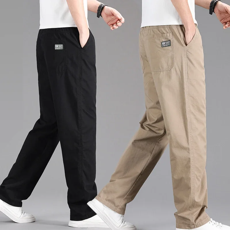 Men's Work Pants Made of Pure Cotton, Loose Fitting Straight Leg, Oversized Casual Pants with Elastic Waistband, Sports Pants