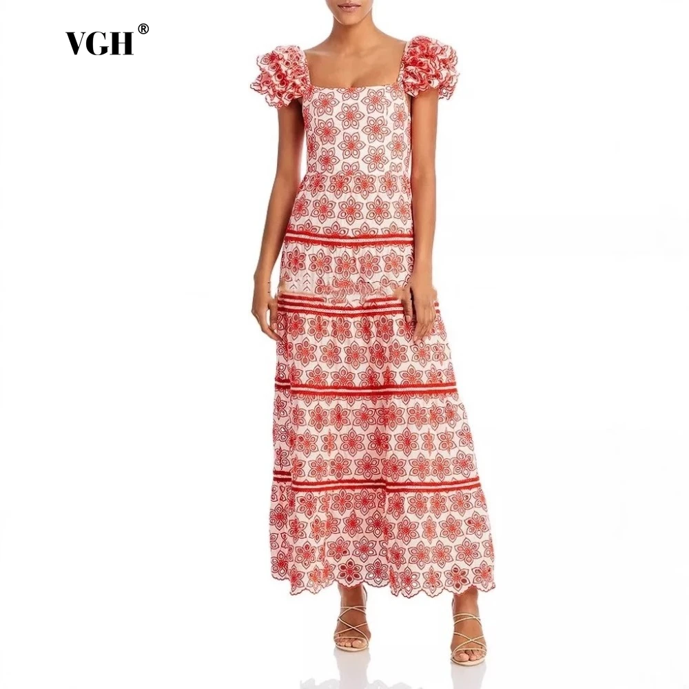 

VGH Colorblock Embroidery Holiday Dress for Women Square Collar Petal Sleeve High Waist Patchwork Irregular Hem Dresses Female