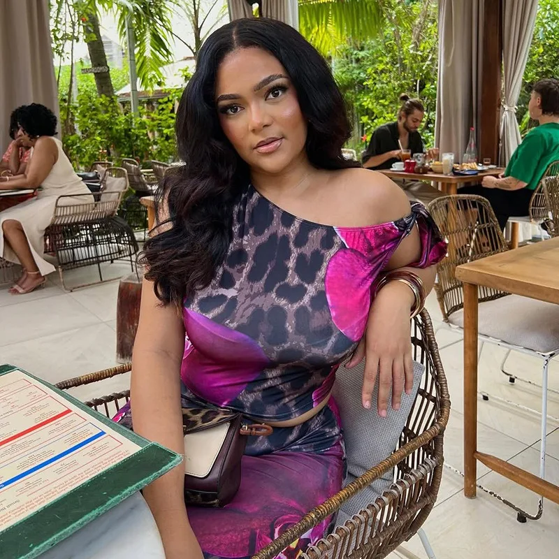 Women's Leopard Floral Print Lace-up One-Shoulder Diagonal Collar Sleeveless Crop Tops & Hips Wrapped Long Skirt, Sexy, 2pcs Set