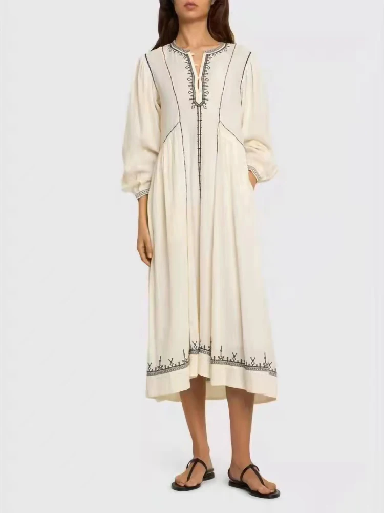 

2024 Early Autumn New Bohemian Style Cotton Dress Women Temperament Commuting Long Sleeve Embroidery Loose Vacation Robe Ladies