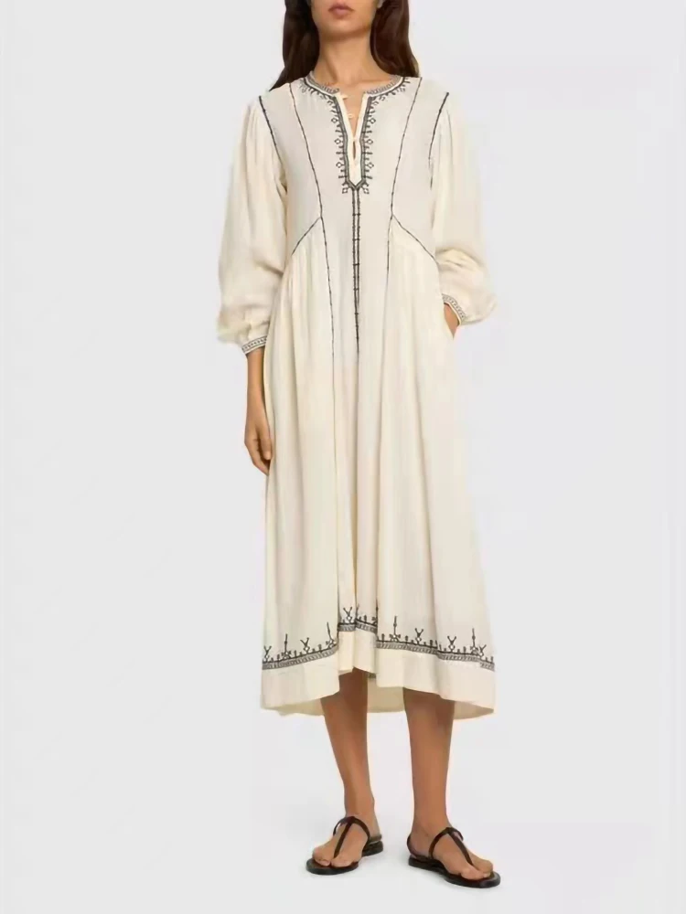 2024 Early Autumn New Bohemian Style Cotton Dress Women Temperament Commuting Long Sleeve Embroidery Loose Vacation Robe Ladies