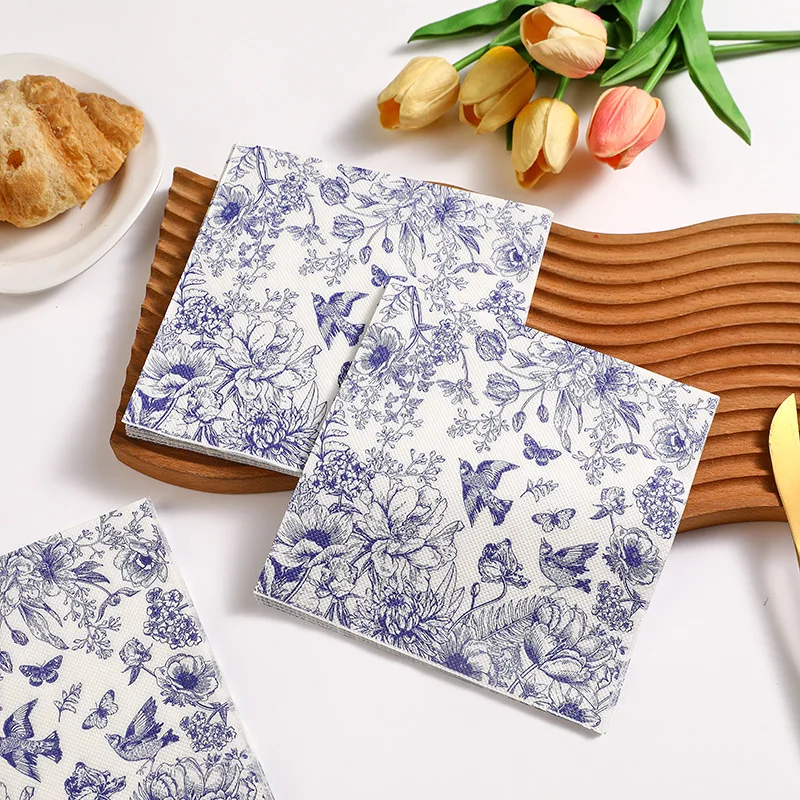 20 pcs 33*33cm 2-ply Blue Flower and Bird Napkins Butterfly Love Atmosphere Decorative Paper Tablecloth DIY Decoupage Paper