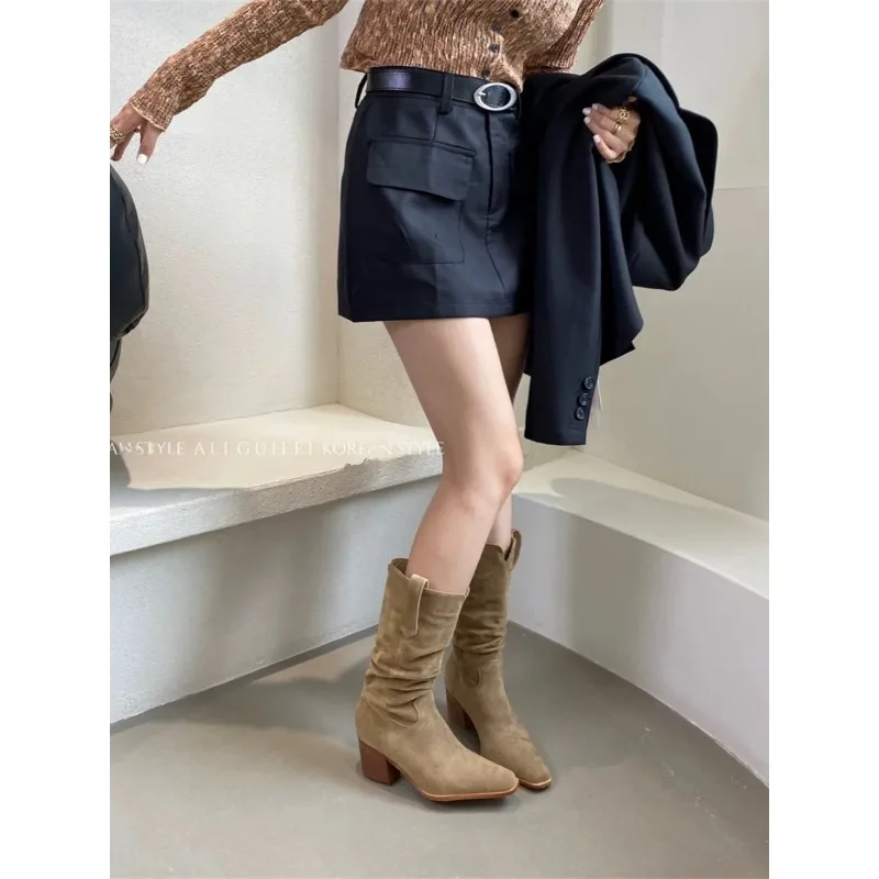 British style sanded leather square head thick heel 2024 autumn/winter new niche design feel less than knee thin ankle boots