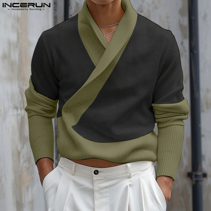 

INCERUN Men Causal Solid Color Shirts 2024 Deconstruction Well Fitting Male Tops Stand Collar Long Sleeve Button Knitted Blouses