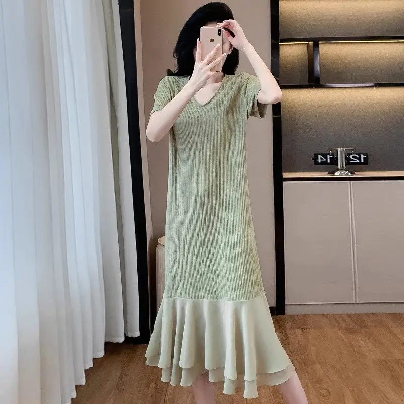 レディース オーバーサイズ 韓国風 2025 夏新作 コントラストカラー ルーズ ロング フィッシュテール ワンピース エレガント カジュアル Tシャツワンピース G964