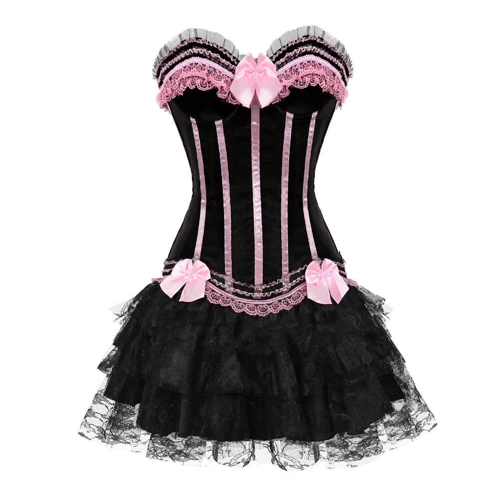 Victorian Sexy Satin Lace Bow Trim Overbust Corset Top Women Bustier Lingerie With Mini Pleated Skirt Set Plus Size S-6XL