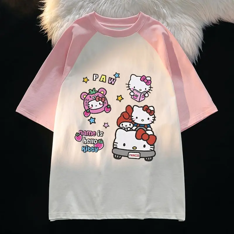 

Хлопковые летние новые футболки Sanrio с цветным блокировкой реглан Hello Kitty My Melody с коротким рукавом женские свободные милые топы с героями мультфильмов подарок