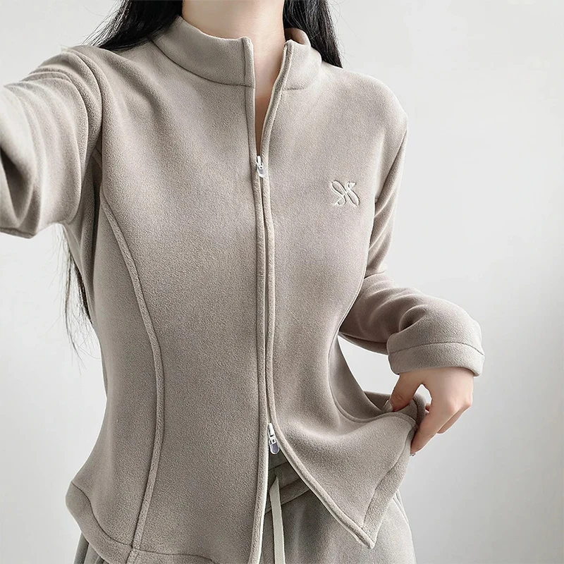 

Autumn Winter Fleece Stand Collar Jacket Women Fashion Fitness Sporty Zip Up Coat Woman New Thicken Warm Sportywear Coats Mujer