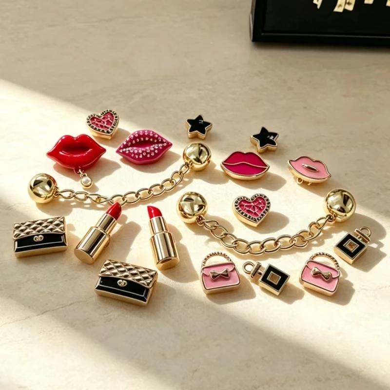 18Pcs Pink Red Shoe Charms Set Cute Lipstick Flower Decorations Removable DIY Accessories for Perforated Sandals Slippers Garden