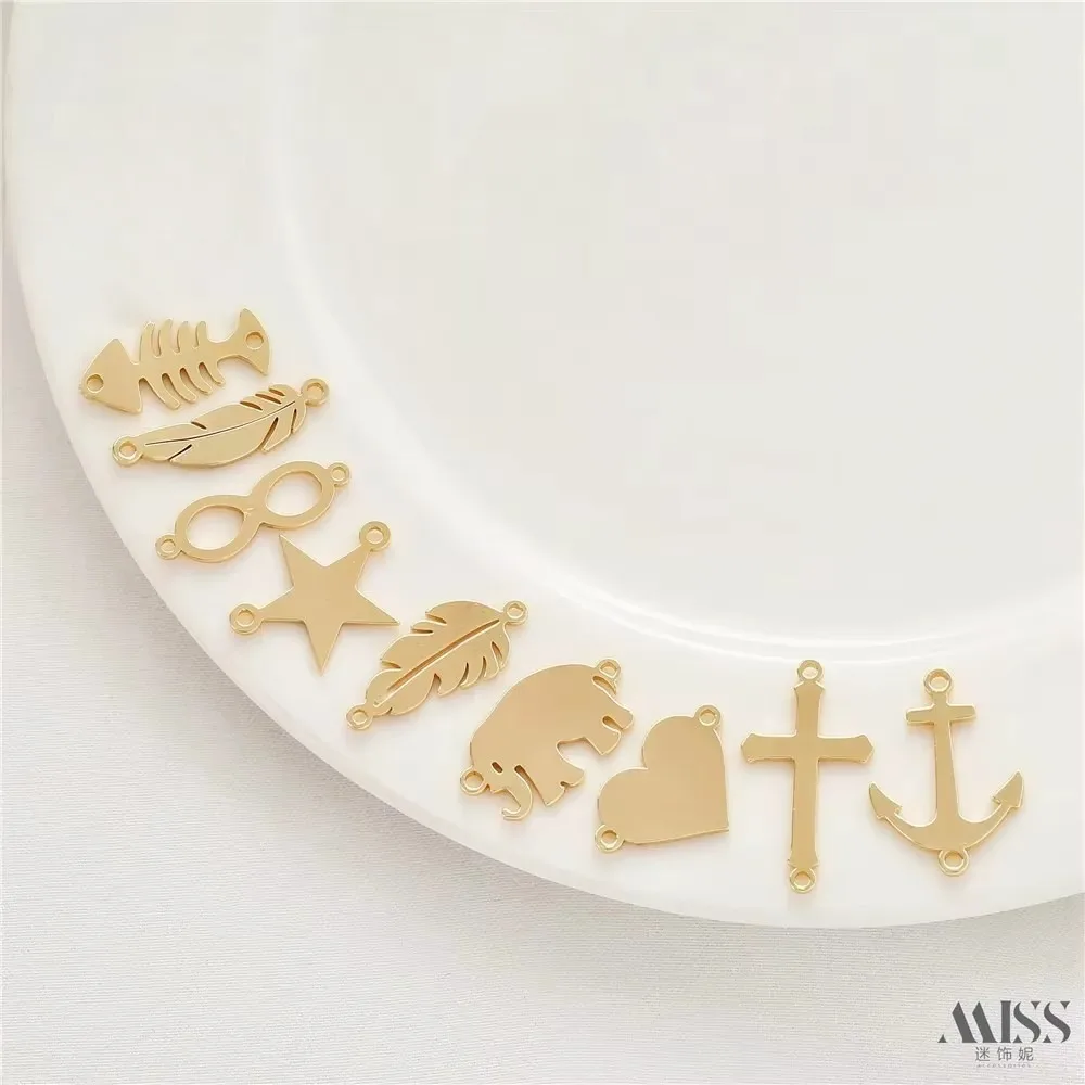 14K Gold-wrapped Glossy Love Leaf Anchor Double Pendant Flat Piece Pendant DIY Bracelet Necklace Earrings Accessories