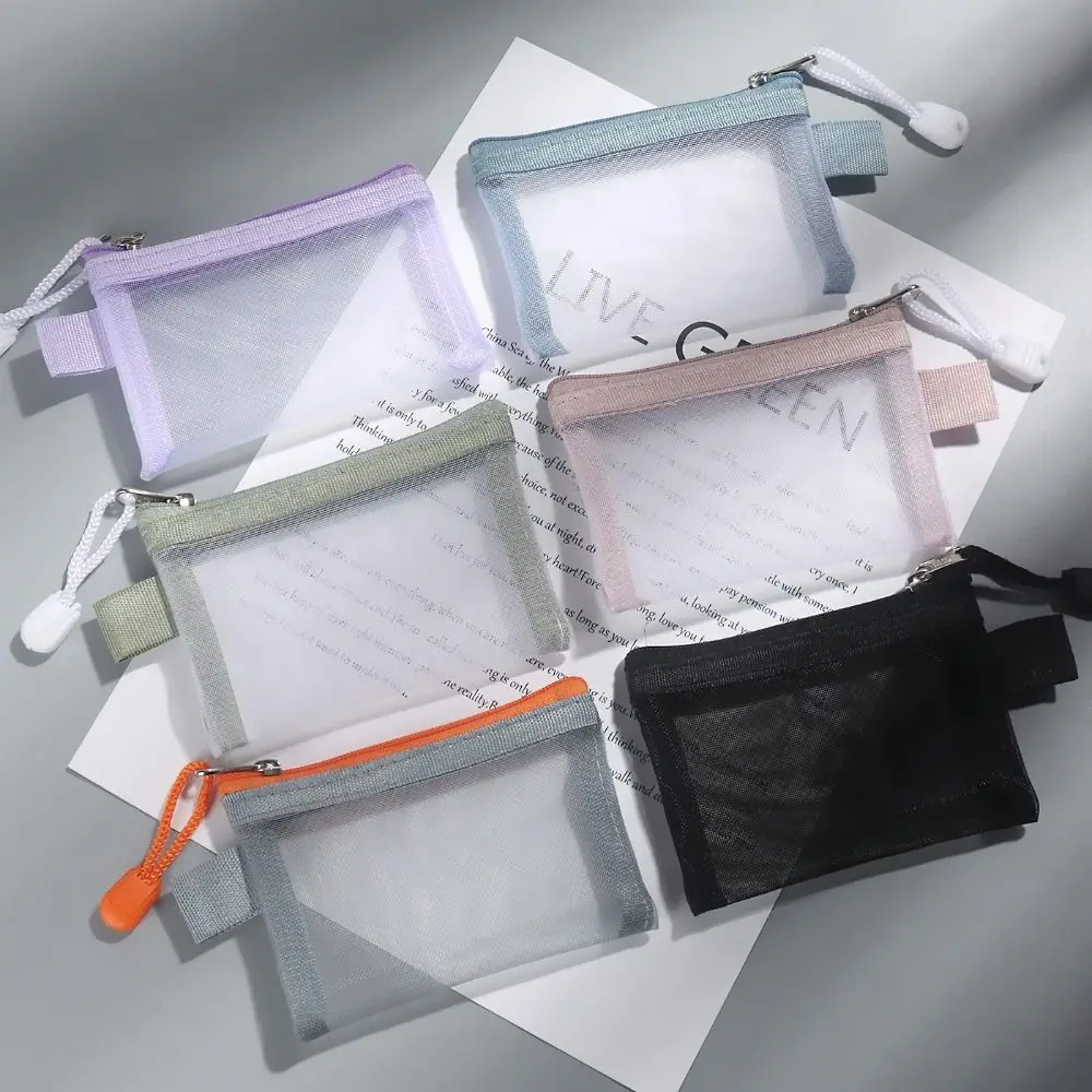 Change Storage Bag Mesh Zipper Bag Card Bag Cosmetic Bag Transparent Nylon Coin Bags Sanitary Napkin Storage Bag Solid Color