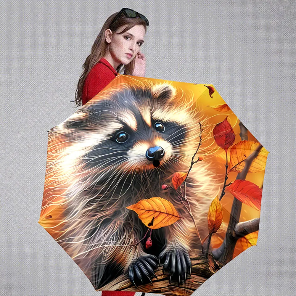 Cute Raccoon in Autumn Leaves Animal Print Umbrella Design Portable Folding Umbrella, Gift for Family And Friends