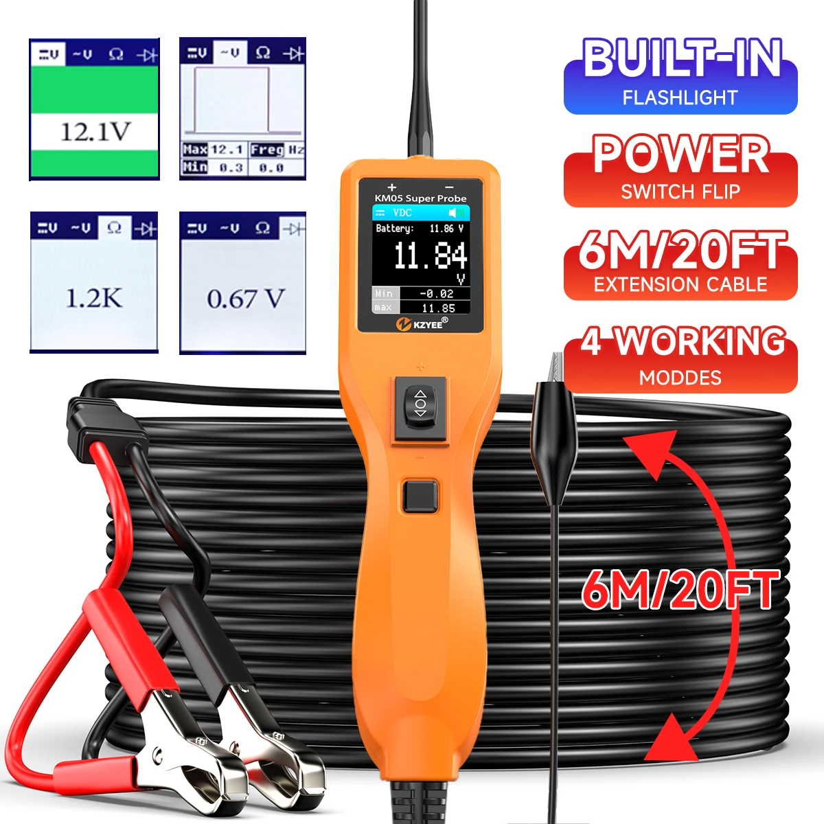 

KZYEE KM05 Automotive Power Circuit Probe Tester 12V 24V AC/DC Voltage Diagnostic Tool Short Finder for Vehicle Systems