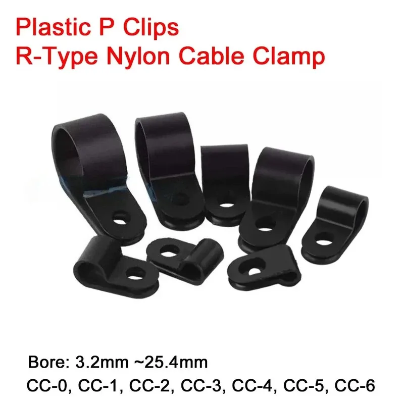 

10Pcs Plastic P Clips Black Hose Fasteners Cable R-Type Nylon Cable Clamp Mounting Fix Hardware Electrical Fittings Cable Clips