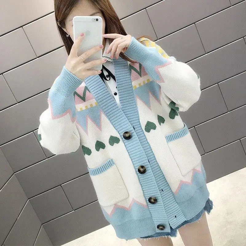 Spring Autumn Fashion V-neck Long Sleeve Color Blocking Embroidered Sweaters Women\'s Clothing Sweet Loose Cardigan Button Tops