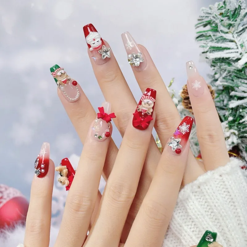 Handgefertigte künstliche Nägel zum Aufdrücken von Nägeln aus Acryl mit Charms für Mädchen, Weihnachten, Neujahr, Cartoon, niedlich, 3D, wiederverwendbar, mit Box und Werkzeug – Detail 5