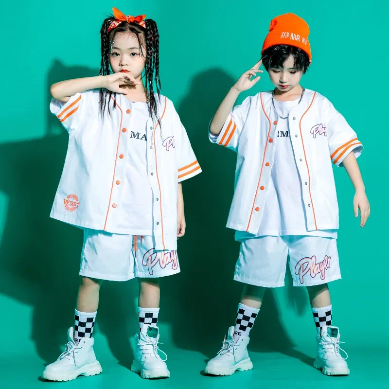 Enfant Kpop Hip Hop vêtements Baseball Cardigan petit haut blanc Streetwear Cargo survêtement pantalon Shorts pour fille garçon Jazz danse Costume