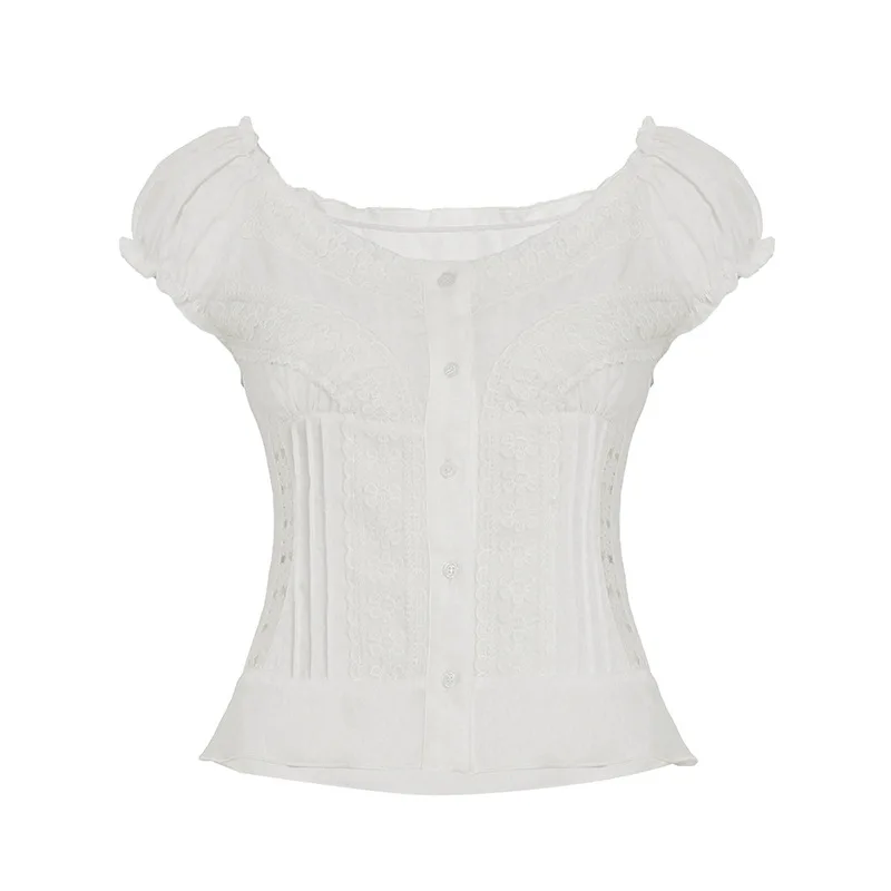 

White Lace Hollow Out Short Sleeved Top, Retro Elegant Bubble Sleeves, Exposed Navel New T-Shirt For Women