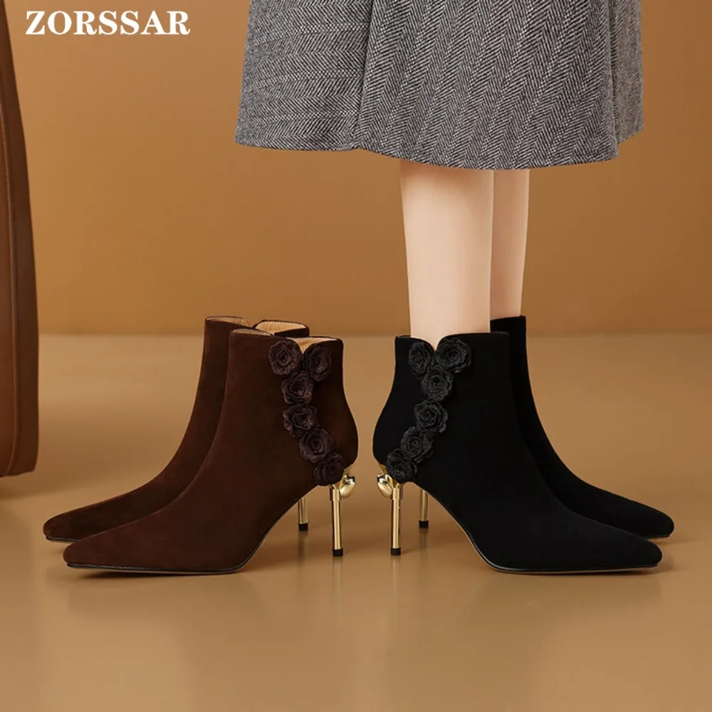 

Women's Ankle Boots Sexy Pointed Toe Suede Leather Woman Short Boots Fashion Flower Ladies Thin Heels Boots Solid Color Stiletto
