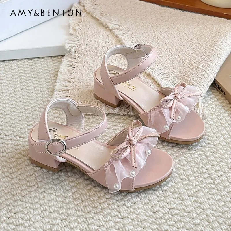

Kids' Sweet Summer Heeled Sandals with Delicate Bow Trim Non-Slip Sole for Daily Wear Ideal for School Events and Casual Outings