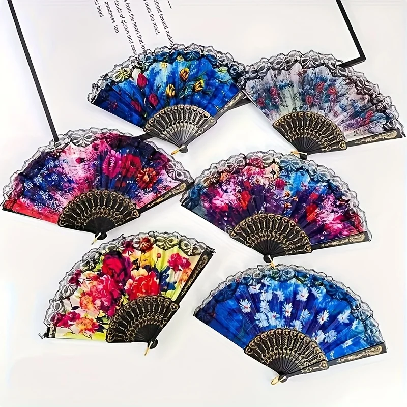 

12pcs Elegant Vintage Spanish Style Folding Fans, Rose Lace Pattern, Black - Perfect for Weddings, Parties, and Gifts