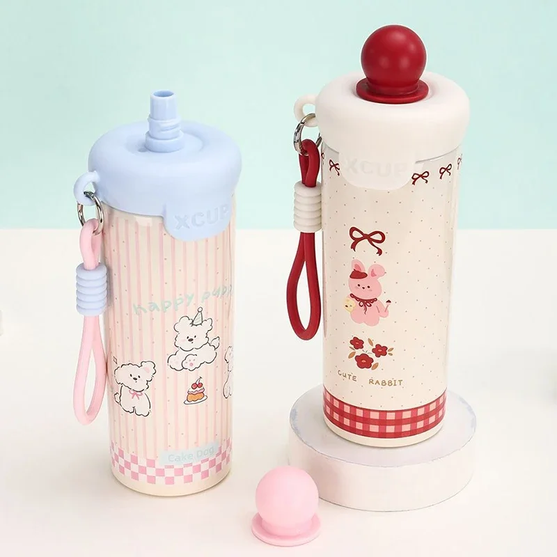 316 Stainless Steel Water Bottle for Women Floating Ball Straw Cup Student Shoulder Strap Insulated Large Capacity Cup 650ml
