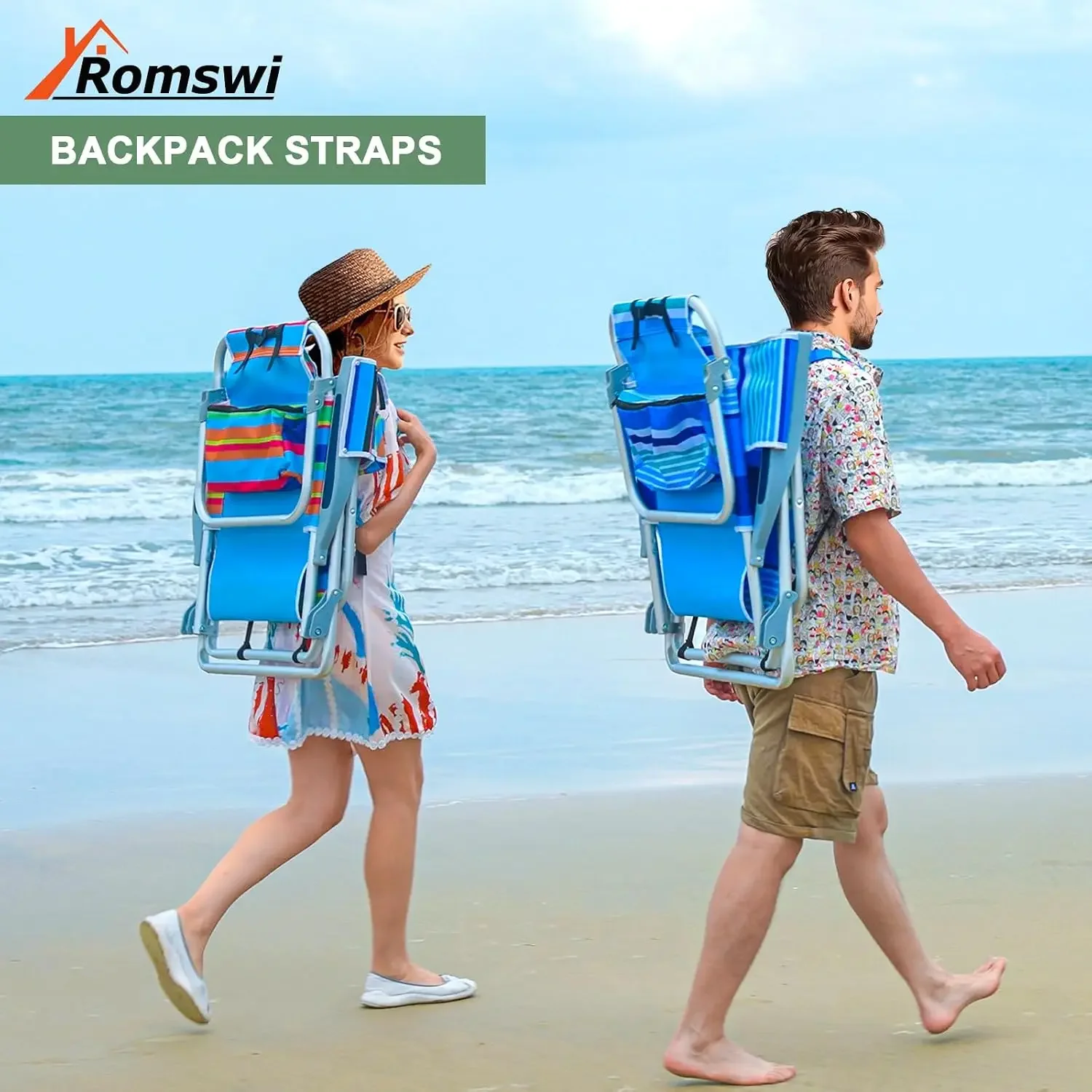2Pk Aluminum Extra Wide 5-Position Lay Flat Folding Backpack Beach Chairs for Adults, with Cooler Bag, Cup&Phone Holder, Towel