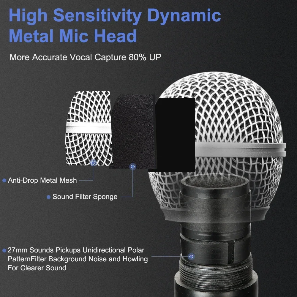 

Wireless Dual Handheld Dynamic Microphone Karaoke Microphone with Rechargeable Receiver for Wedding Party Speech Church Club