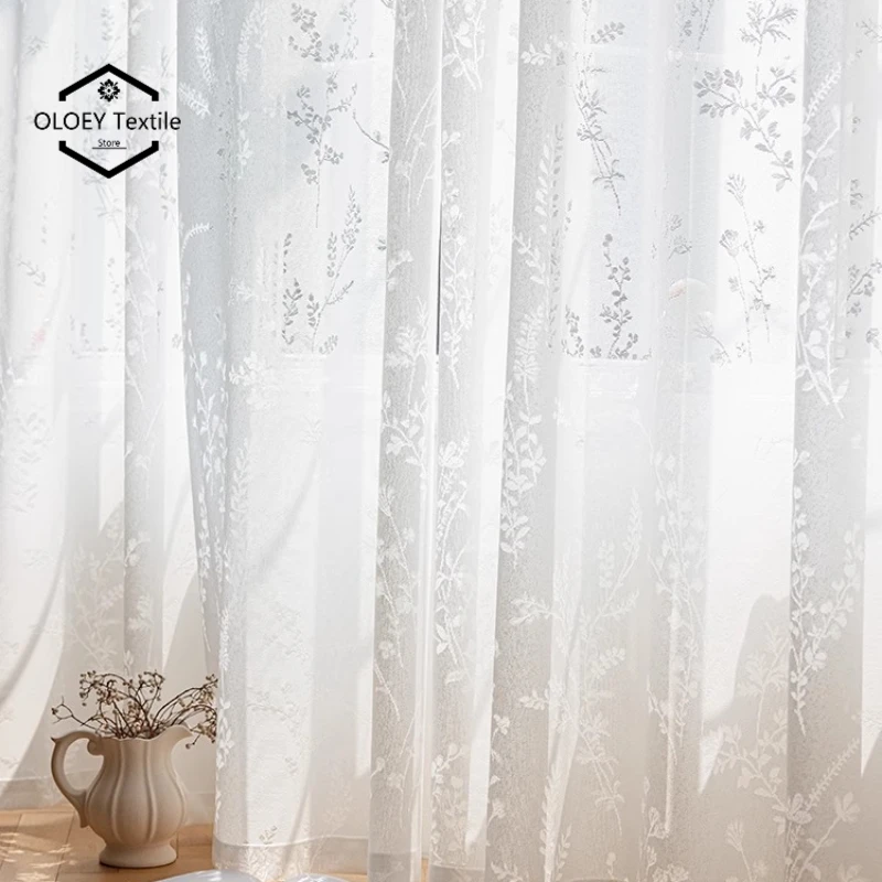 

French-style Luxurious Moonlight Sheer Curtain for Bedroom Living Room with Plant Patterns High-end Creamy Pastoral Style Sheer