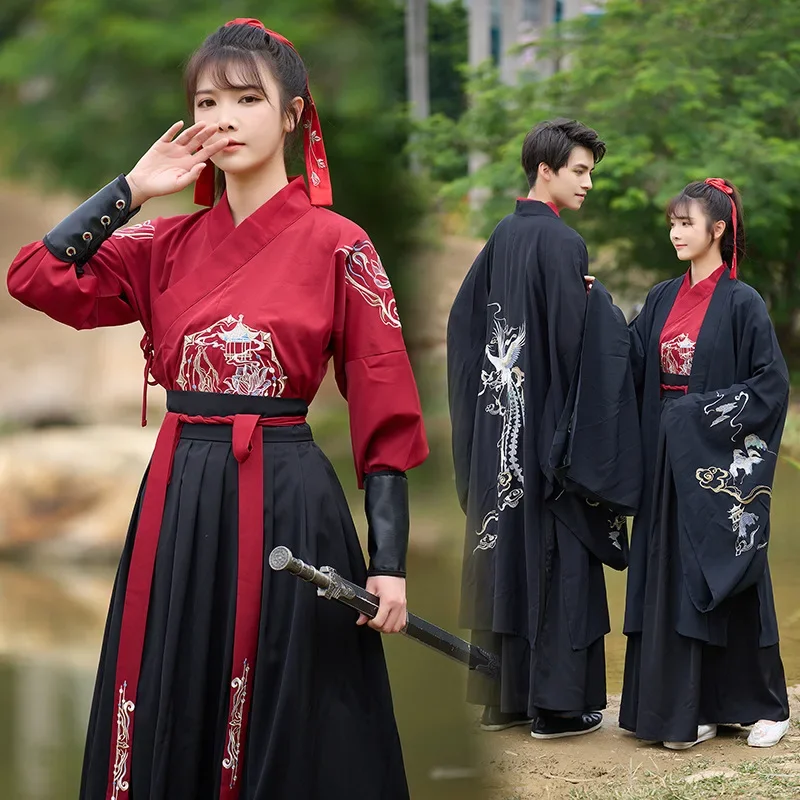 

Мужская традиционная китайская одежда Hanfu с вышивкой Феникса, черный наряд для пар Hanfu для выступлений, древнее народное платье Hanfu
