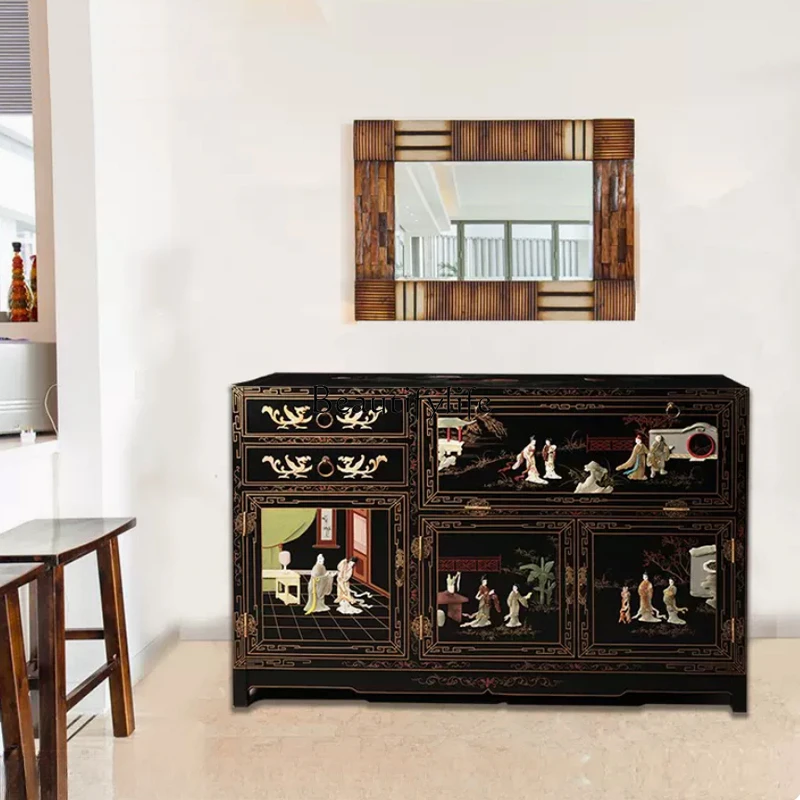 New Chinese Style Light Luxury Solid Wood Sideboard Jade Carving Portrait of a Lady Living Room Lobby Entrance Cabinet