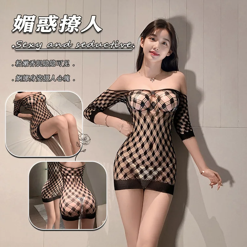

Sexy Lace Mesh Bodystocking Set Open-Crotch Fishnet Stockings Role Play Fetish Lingerie Black Sheer Seductive Nightwear