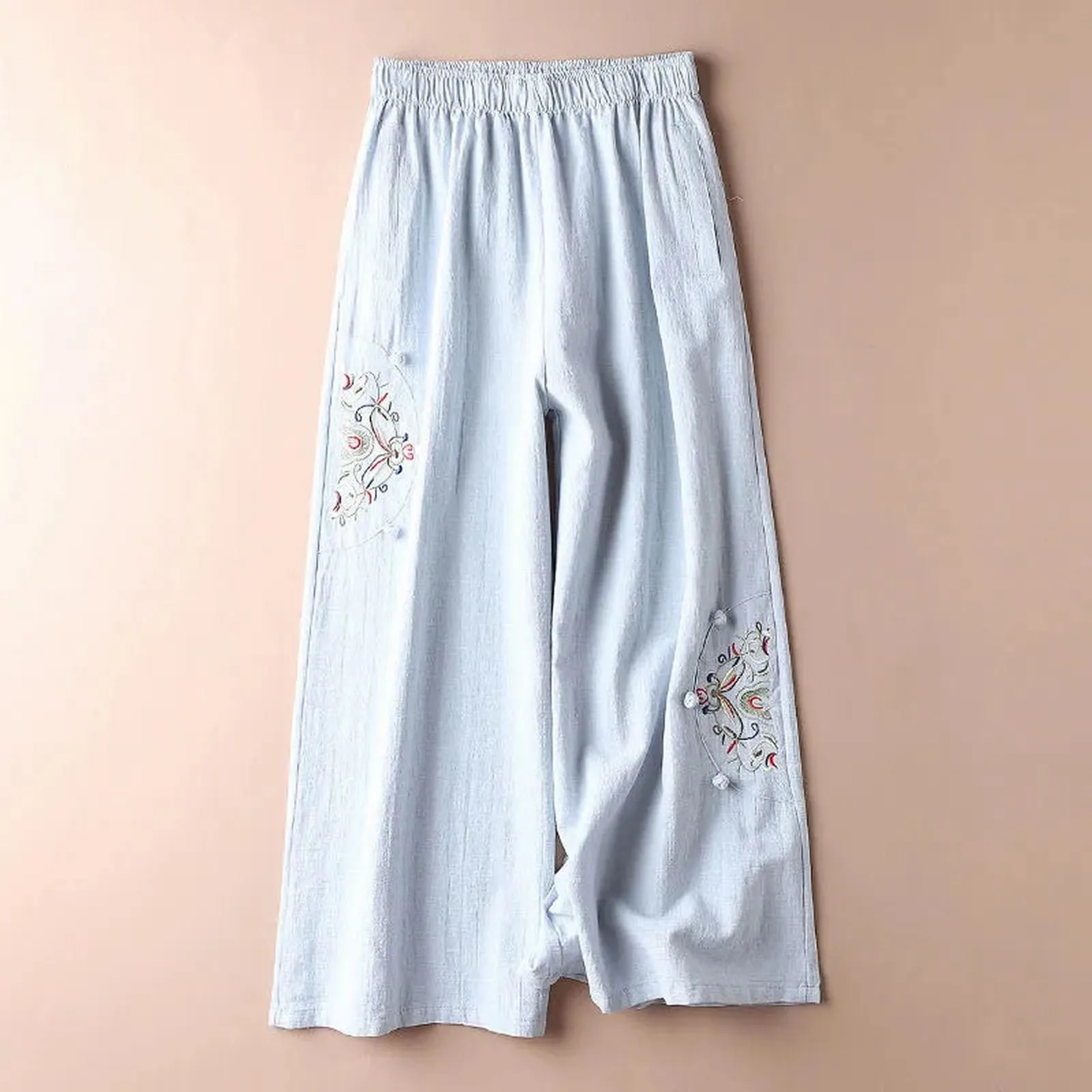 Women' S Culottes Linen Blend Wide Leg Pants Elastic Waist Casual Palazzo Trousers With Solid Casual Baggy Jogging Leisure