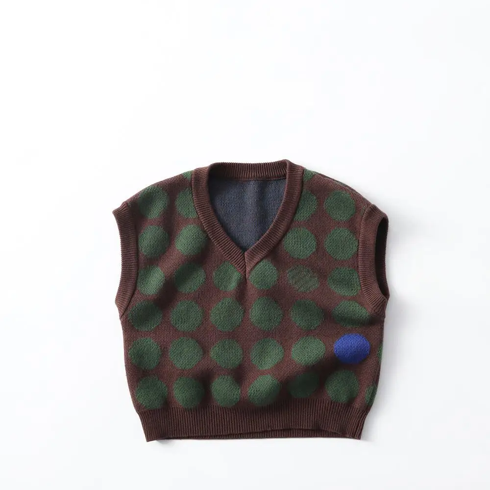 

2025 Autumn New Children Knitted Vest Cotton Boys Sleeveless V-neck Vest Fashion Girls Casual Polka Dot Sweater Kids Clothes