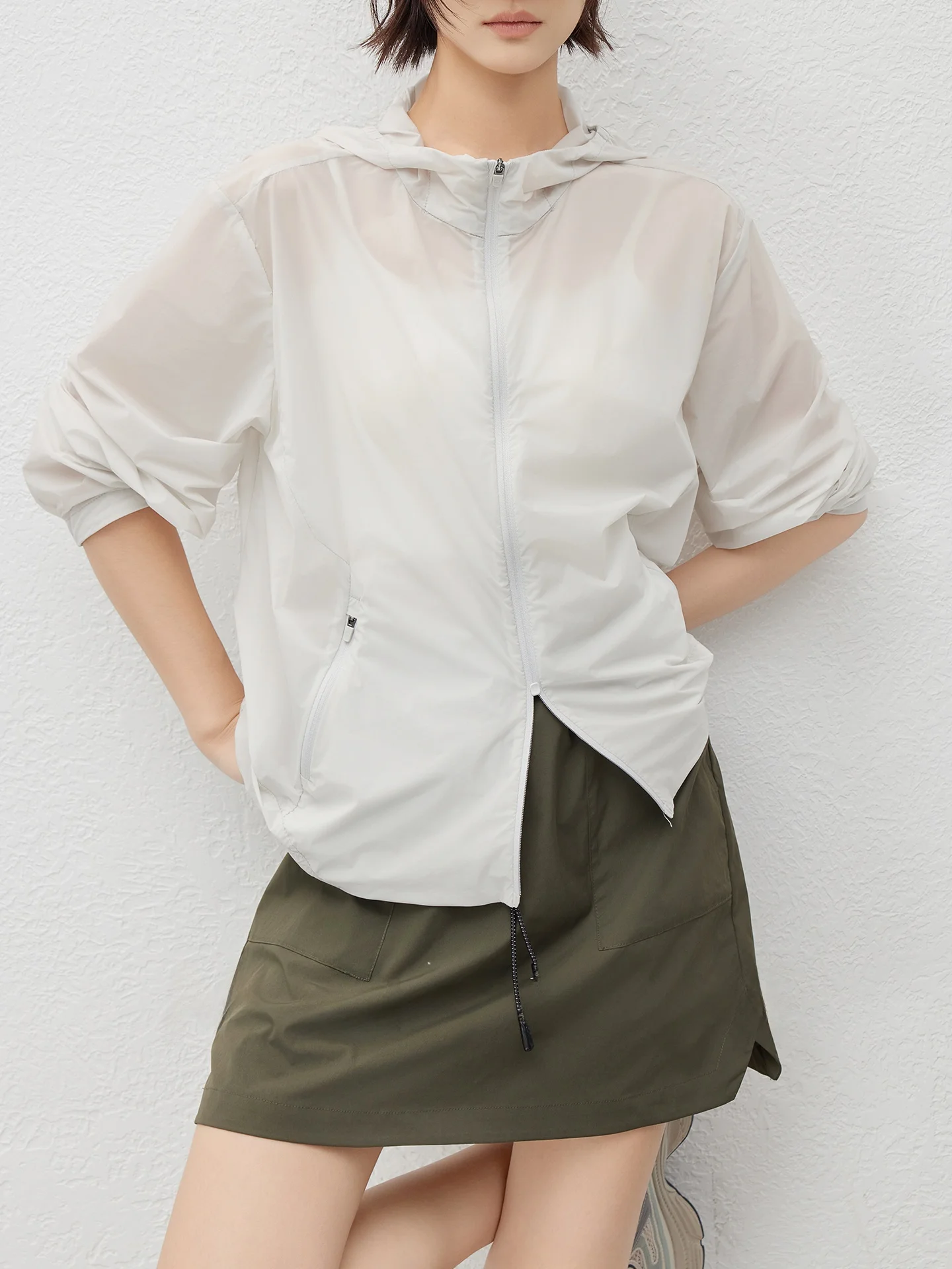 

Meiyang Bla Tech Cool Sensation Casual Hooded Jaet Peanut ell Outerwear Ladies Faion Summer Nylon Long Sve Zipper