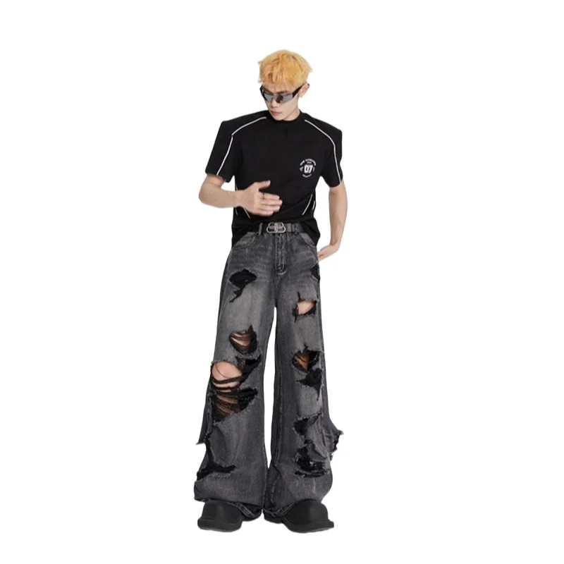 

Trendy American High Street Men's Ripped Denim Jeans Casual Loose Fit Hip Hop Unique Design Sensation Pants for Men