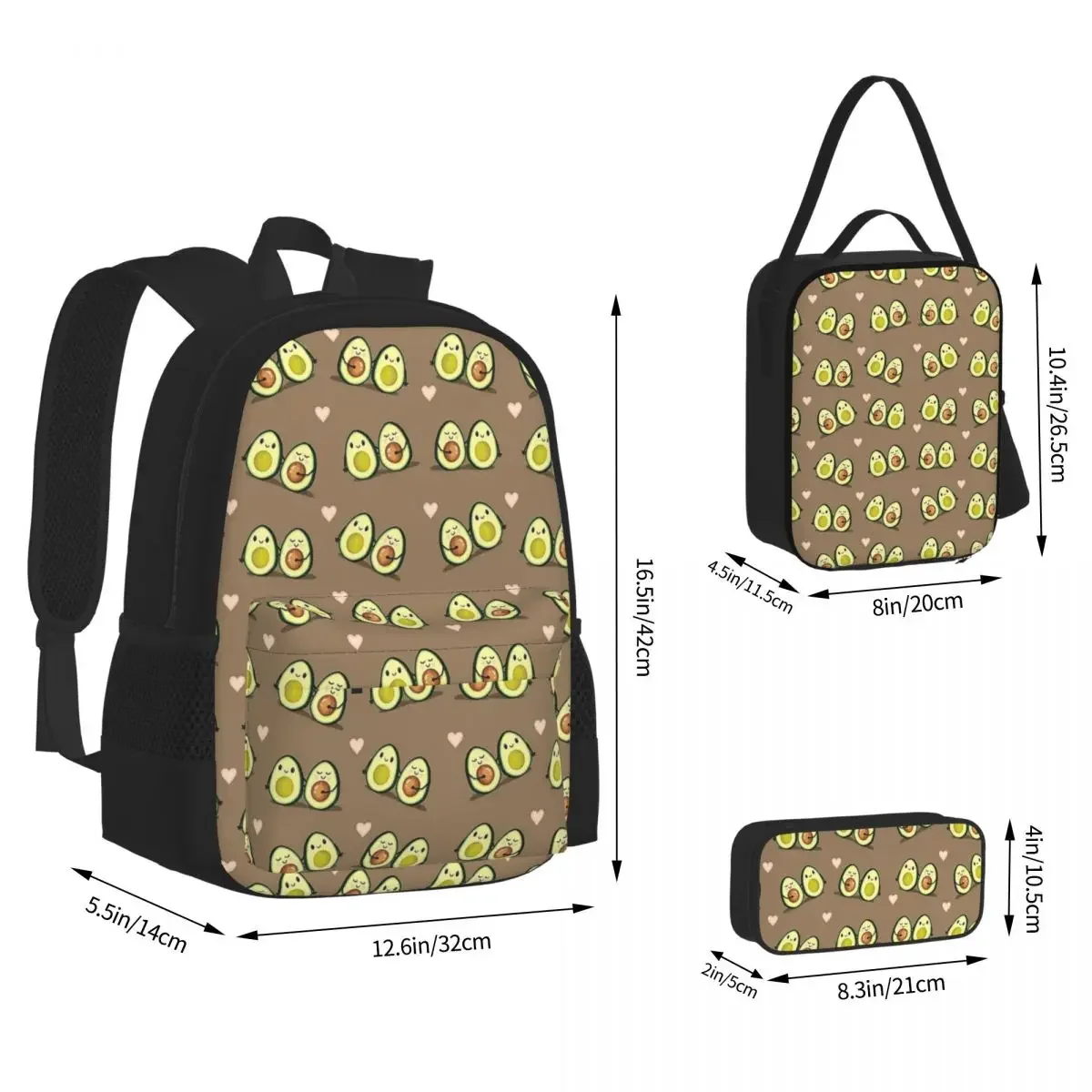 Two Halves Avocado Couple Pattern Backpacks Bookbag Students School Bags Kids Rucksack Lunch Bag Pen Bag Three-Piece Set