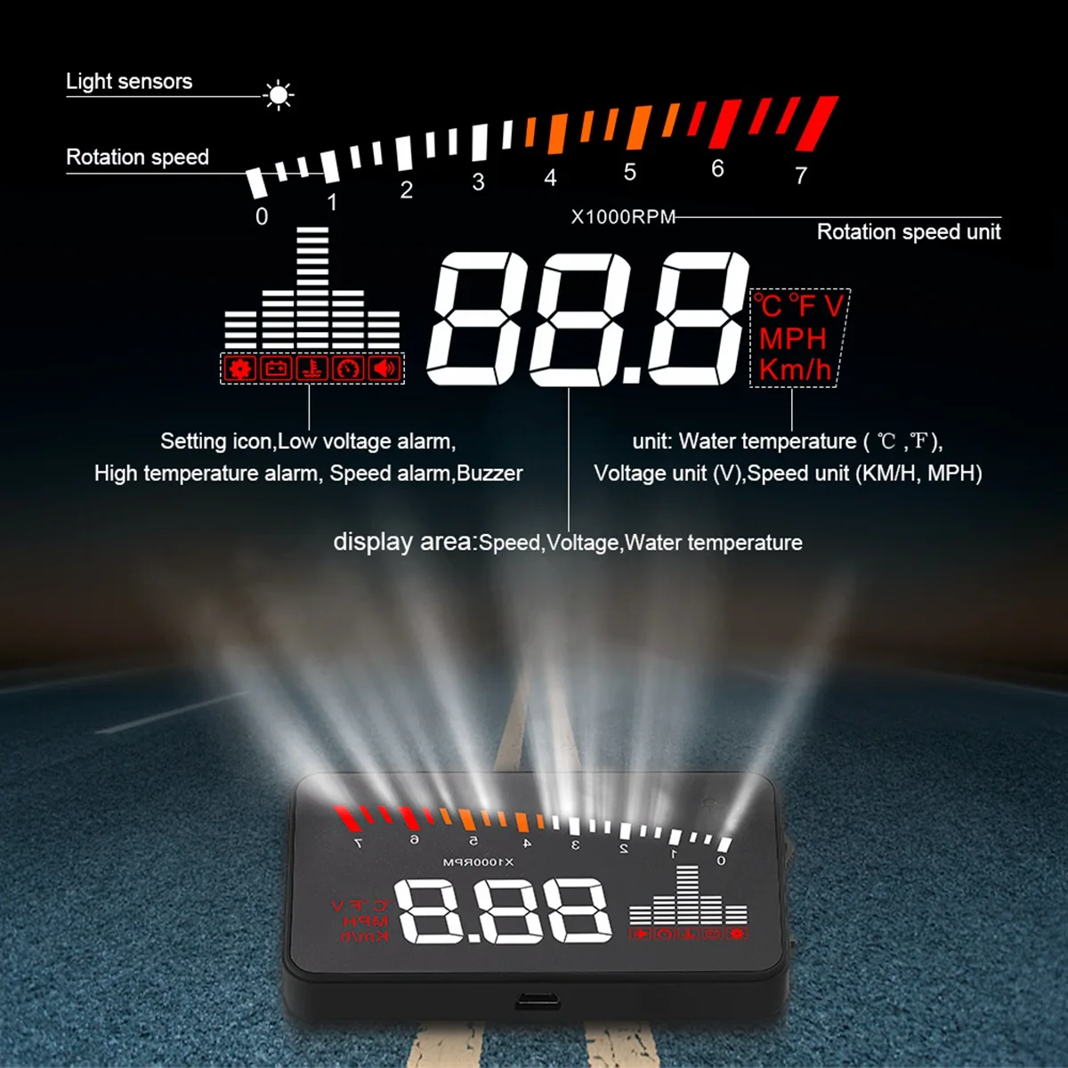 X5 Car HUD OBD II Head-Up Display sistema di avviso di velocità eccessiva proiettore parabrezza allarme di tensione elettronico automatico