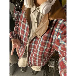 American Style Fashion High Street Coats Wear on Both Sides Plaid Women Spring Autumn Moto Biker Panelled Varsity Jackets