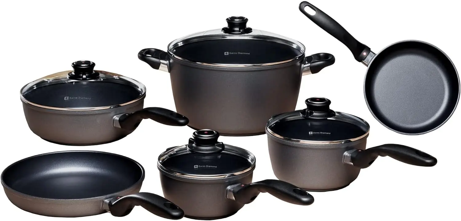 Swiss Diamond 10 Piece Nonstick Cookware Set - Diamond Enforced Aluminum Non Stick Pots And Pan Set, Dishwasher Safe And Oven