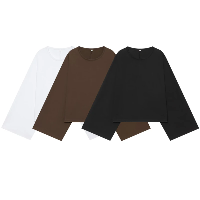HXAO Cropped Oversized T-Shirt Damen Langarm-Oberteil Herbst 2026 Elegantes Weißes Schwarzes Braunes Oberteil O-Ausschnitt Glockenärmel Basic-Shirt – Detail 4