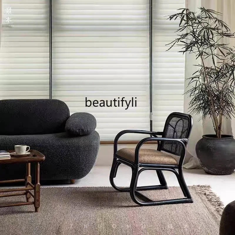 Hand-woven Rattan Chair Home Living Room Single Sofa Chair Homestay Vintage Table and Chair Three-piece Set
