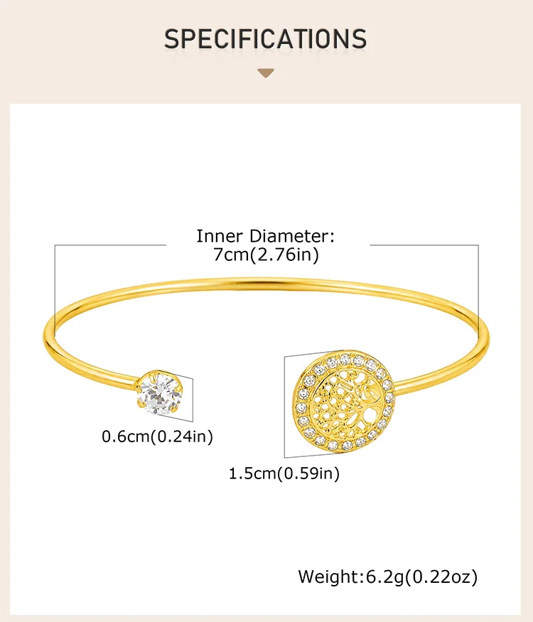 Baum des Lebens Manschettenarmband, Goldfarbenes Edelstahlarmband mit Kristallakzenten, Symbolischer Schmuck – Detail 3
