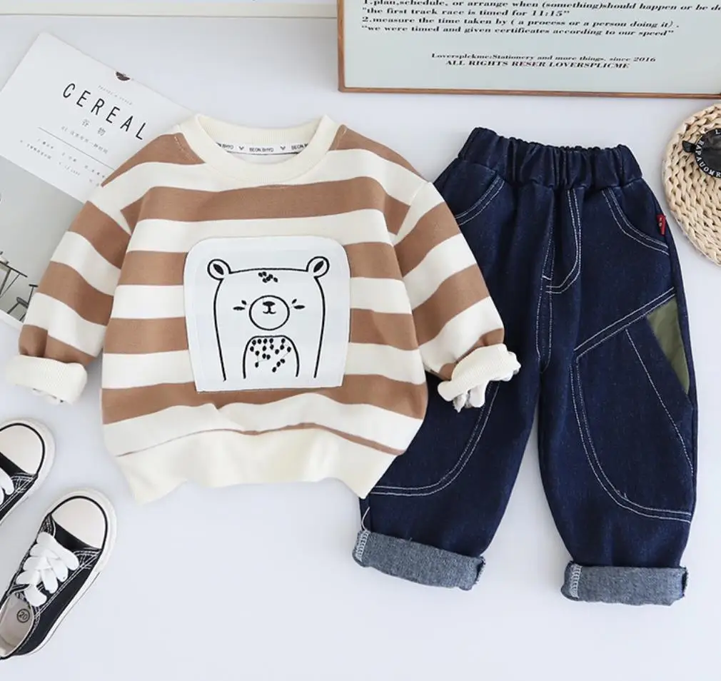 Korean Style Baby Boys Clothes Luxury Designer Outfits 2024 New Striped Embroidered Bear Hoodies+Pants Toddler Children Suits